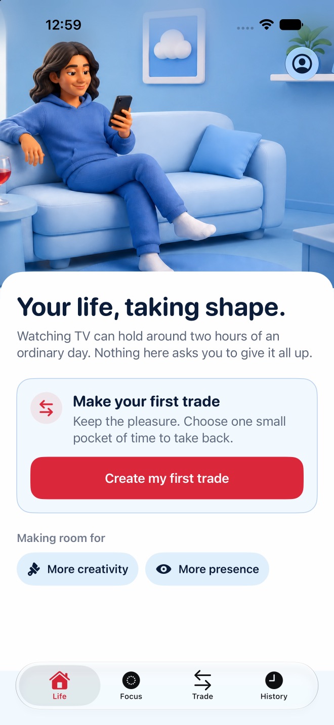 The Habits Life screen, with a character resting in a soft blue room